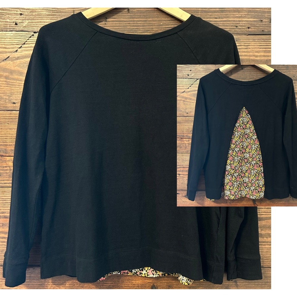 Loft Split Back Sweatshirt Women S Black Floral Mixed Media Cottagecore Cotton